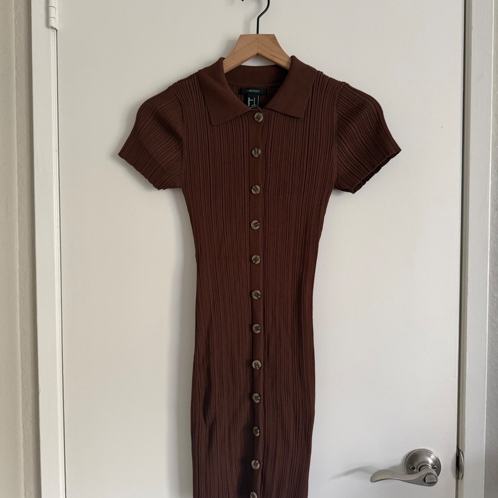 Forever 21 Brown Ribbed Knit Button Down Polo Mini Dress Preppy Y2K 90s